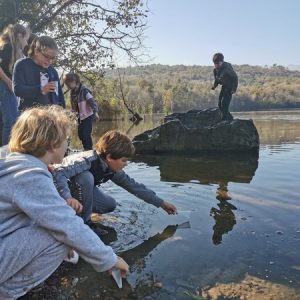 Bambini che fanno attività di educazione ambientale al lago di avigliana